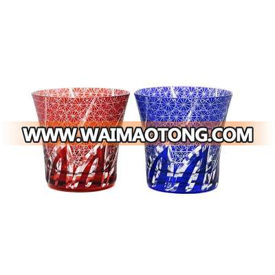 Edo kiriko cut to clear glass tumbler red and blue glass beer cup cold water cup