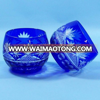 Cobalt blue Bohemian Czech carved glass cup Japanese sake cup