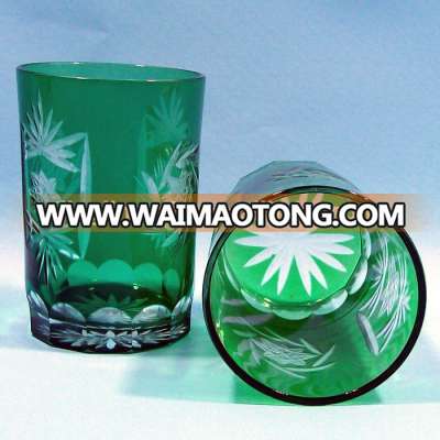 Hand engraved overlay green drinking glass cups